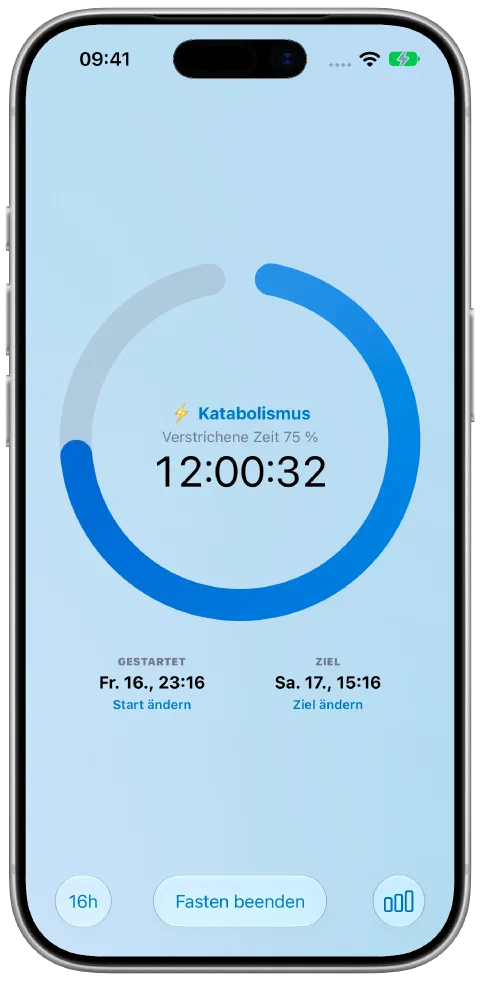 Fastys laufender Timer im vorgegebenen Farbschema Ocean mit blauem Fortschrittsring und Hintergrund.