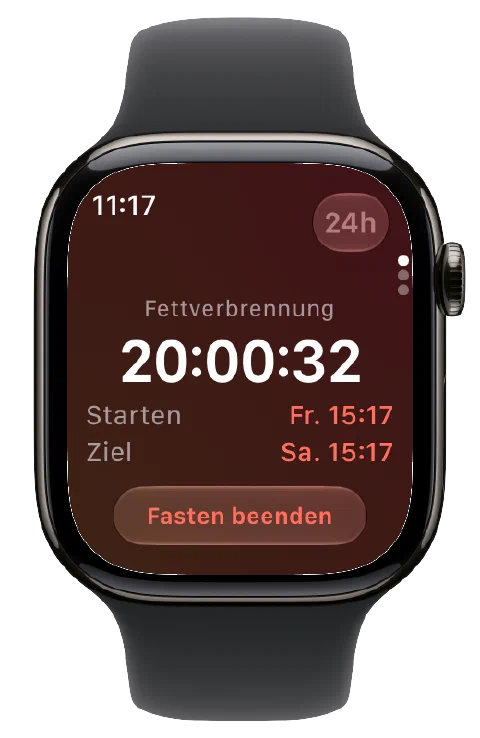Fasty auf der Apple Watch mit laufendem Timer, Start- und Zielzeit sowie einer Taste zum Beenden.