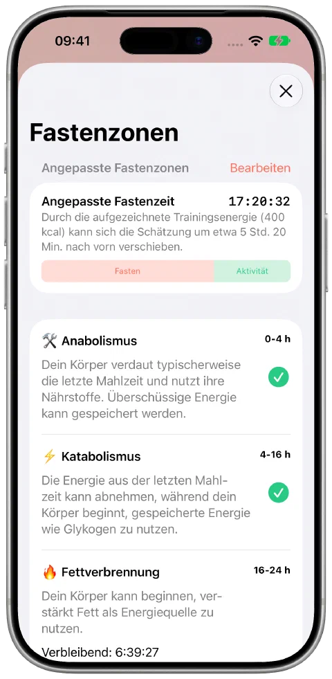 Fastys Anzeige der angepassten Fastenzeit mit Fasten- und Trainingsanteil nebeneinander sowie dem Fortschritt in der aktuellen Zone.