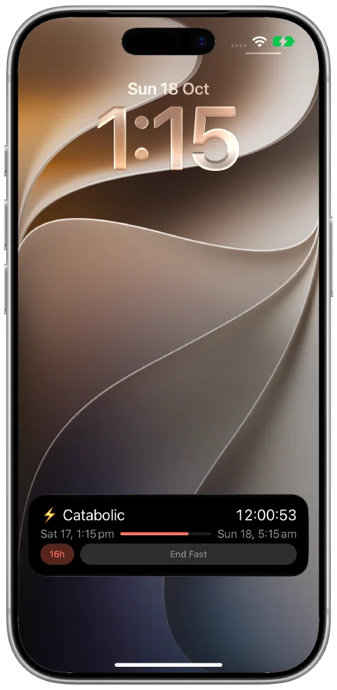 Fasty Live Activity on the iPhone Lock Screen with the active fasting timer, goal progress and End Fast control.
