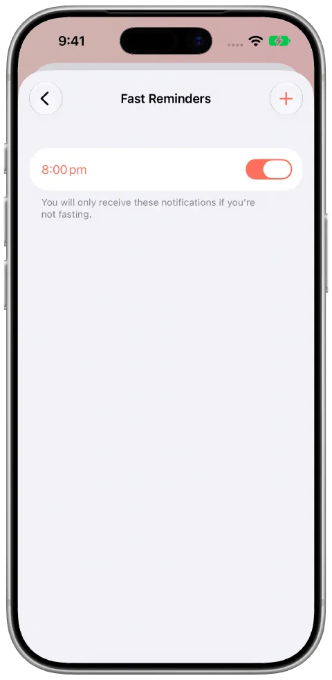 Fasty's Fast Reminders settings with a daily 20:00 reminder enabled and an explanation that it only notifies you when you are not fasting.