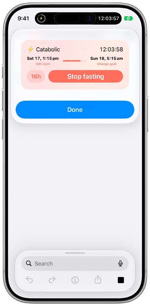 A real Fasty current-state result snippet shown over the Shortcuts editor, with fasting progress and controls.