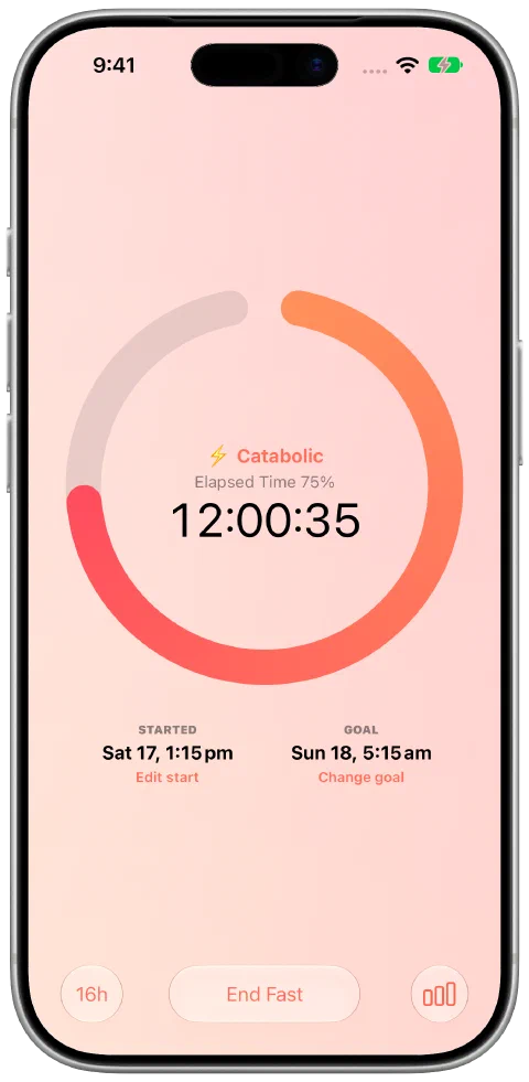 Fasty's active fasting timer with elapsed time, goal progress, start time and goal controls.