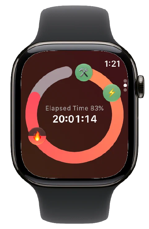Fasty's estimated fasting-zone icons and active timer on Apple Watch.
