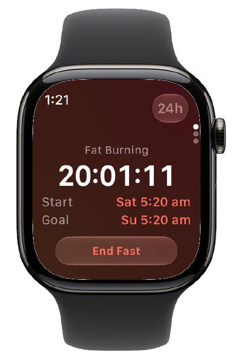 Fasty on Apple Watch with the active timer, start and goal times, and End Fast button.