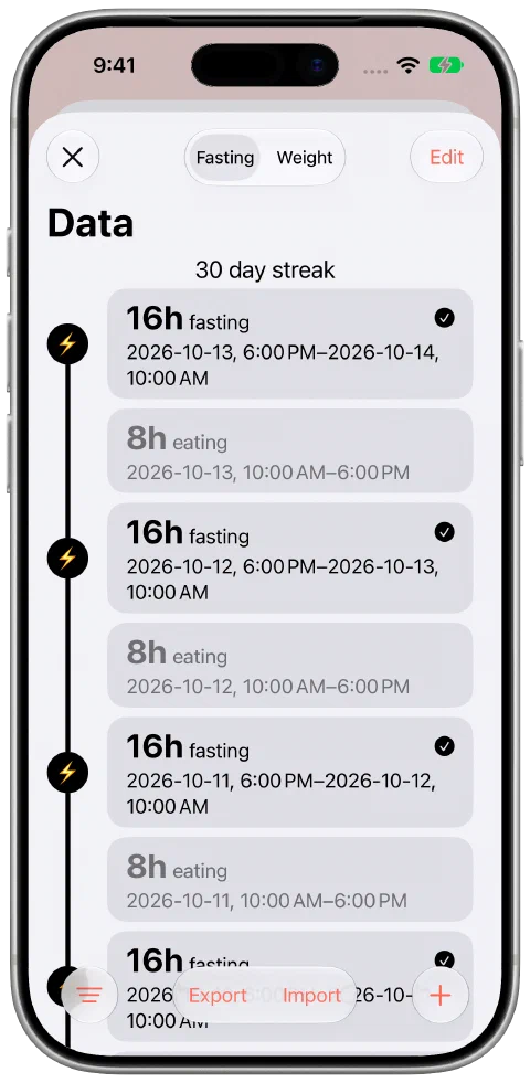 Fasty's continuous fasting and eating-window timeline with one 30-day streak heading.