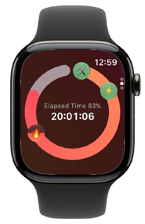 Fasty's estimated fasting-zone icons and active timer on Apple Watch.