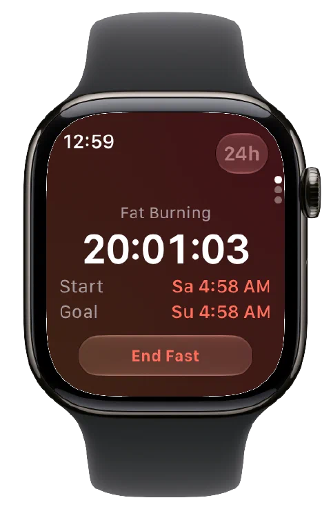 Fasty on Apple Watch with the active timer, start and goal times, and End Fast button.