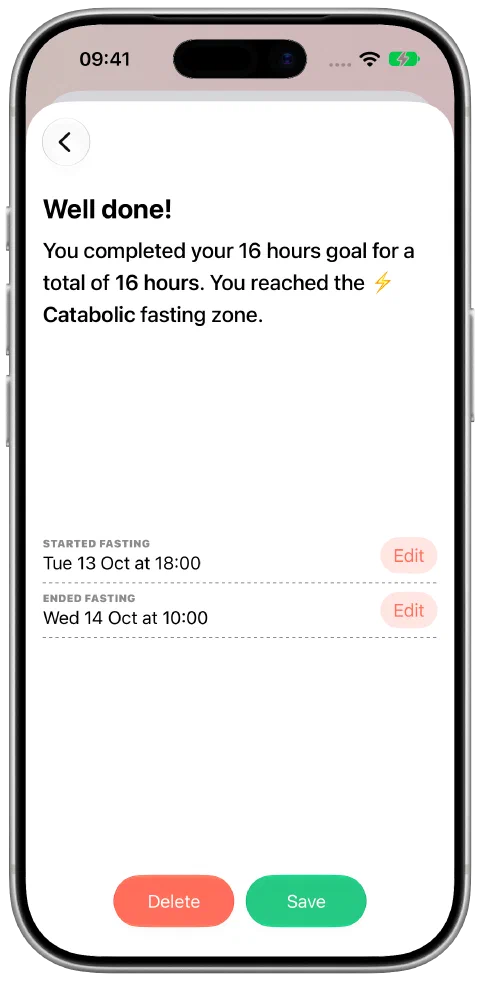 A recorded fast with editable start and end times and a Save button.