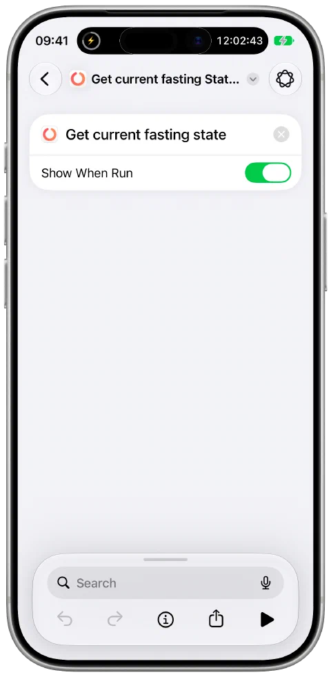 A shortcut in Apple's Shortcuts app using Fasty's Get current fasting state action.