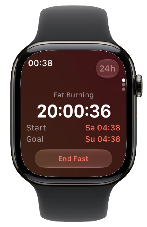Fasty on Apple Watch with the active timer, start and goal times, and End Fast button.