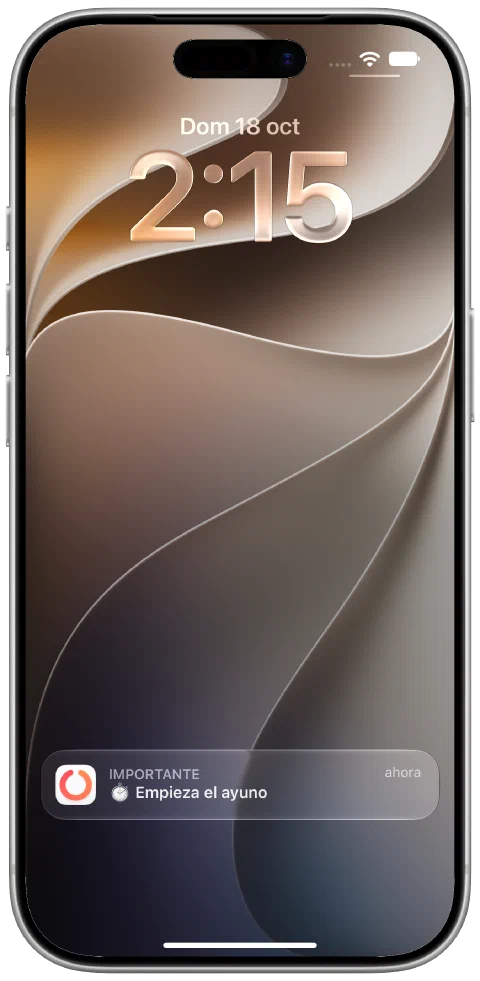 Una notificación real de Fasty recibida en la pantalla de bloqueo del iPhone para recordar el inicio del ayuno.