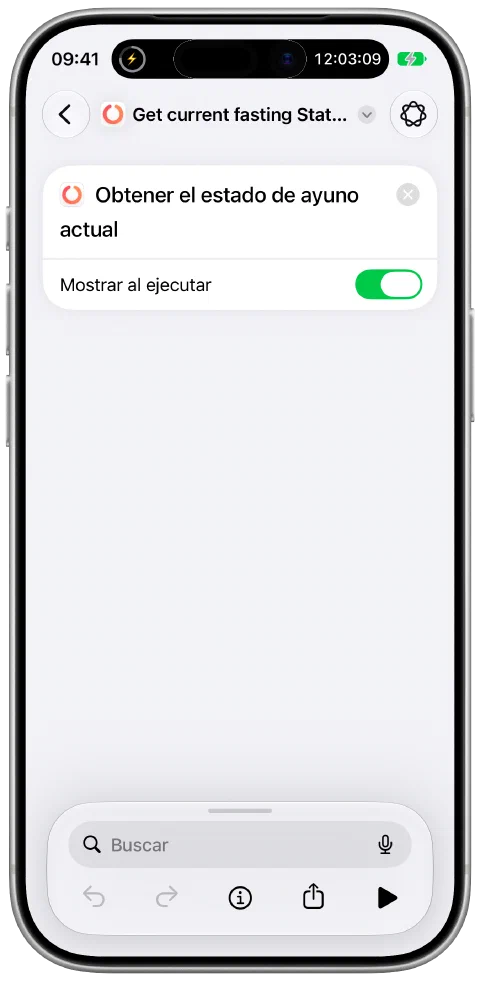 Un atajo en la app Atajos de Apple que utiliza la acción de Fasty para obtener el estado actual del ayuno.