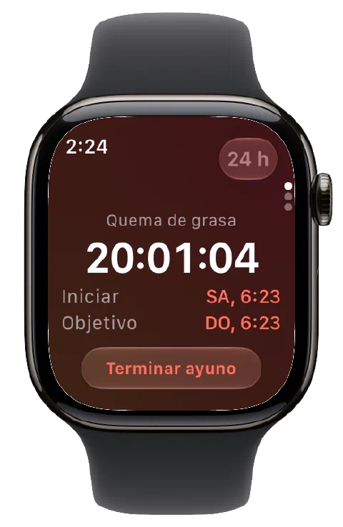 Fasty en Apple Watch con temporizador activo, horas de inicio y objetivo y un botón para terminar el ayuno.