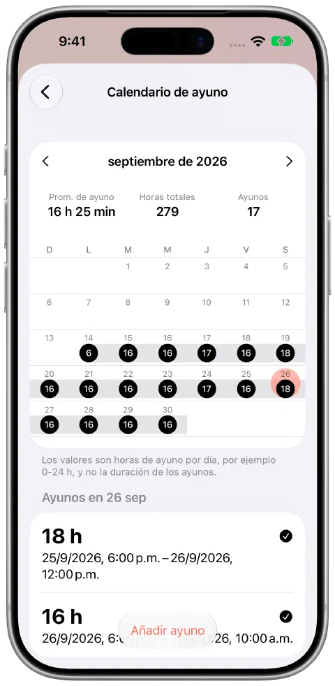 El calendario de septiembre de Fasty con registros, un día seleccionado y su ayuno de 18 horas.