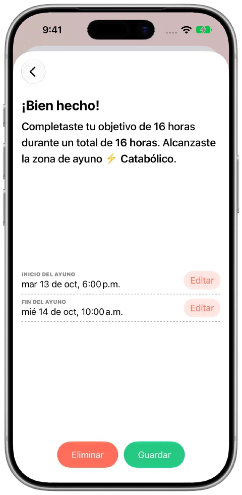 Un ayuno registrado con horas de inicio y fin editables y un botón para guardar.