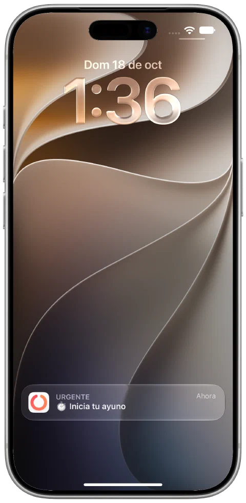 Una notificación real de Fasty recibida en la pantalla de bloqueo del iPhone para recordar el inicio del ayuno.