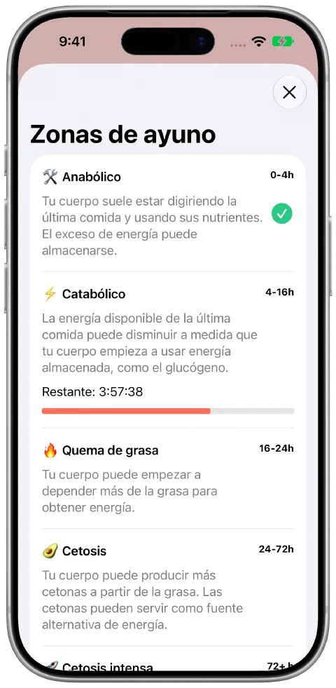 La pantalla Zonas de ayuno de Fasty con explicaciones y progreso por la zona actual.