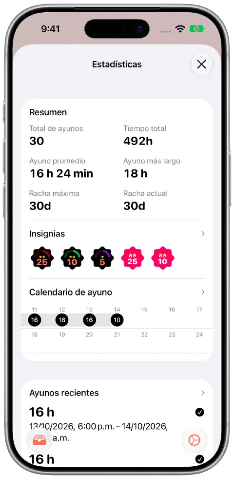El resumen de estadísticas de Fasty con tiempo total, número de ayunos, rachas actual y máxima e insignias obtenidas.