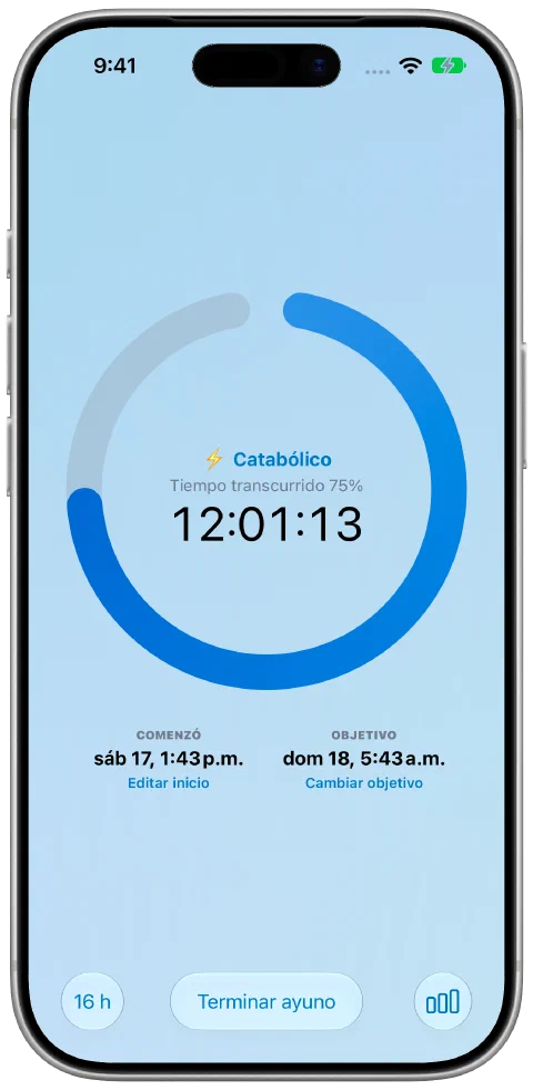 El temporizador activo de Fasty con el tema predefinido Ocean, un anillo de progreso azul y su fondo.