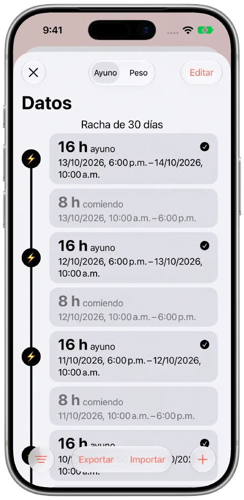 La cronología continua de ayuno y alimentación de Fasty con un encabezado de racha de 30 días.