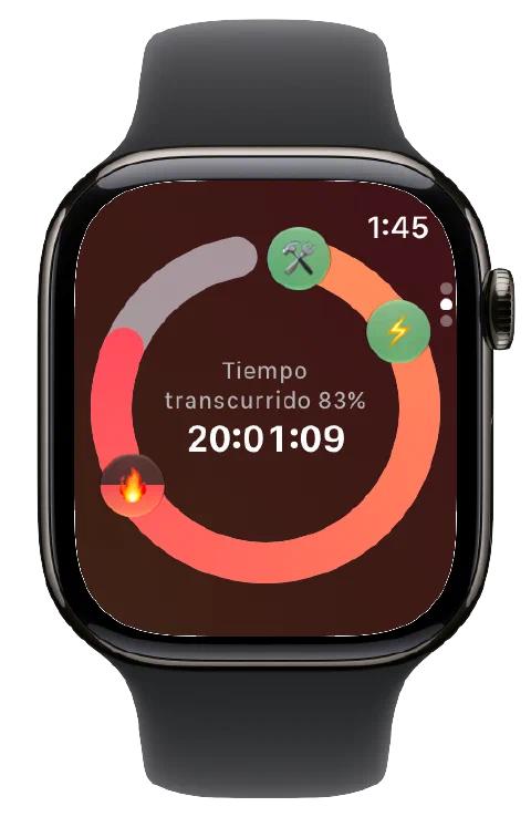 Los iconos de zonas de ayuno estimadas y el temporizador activo de Fasty en Apple Watch.