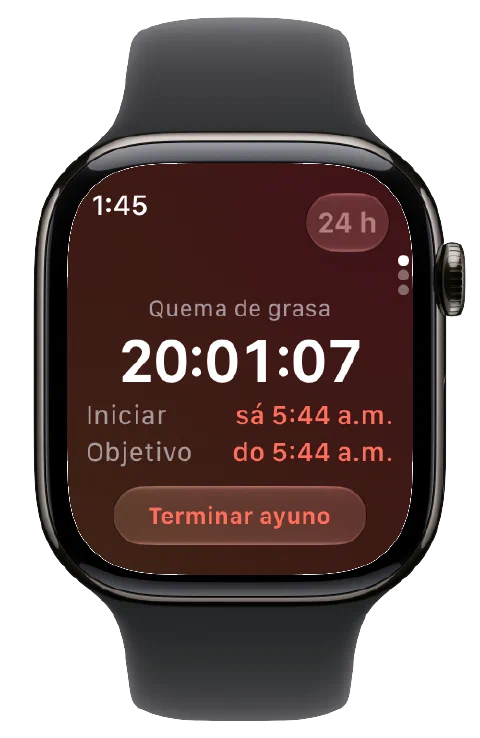 Fasty en Apple Watch con temporizador activo, horas de inicio y objetivo y un botón para terminar el ayuno.