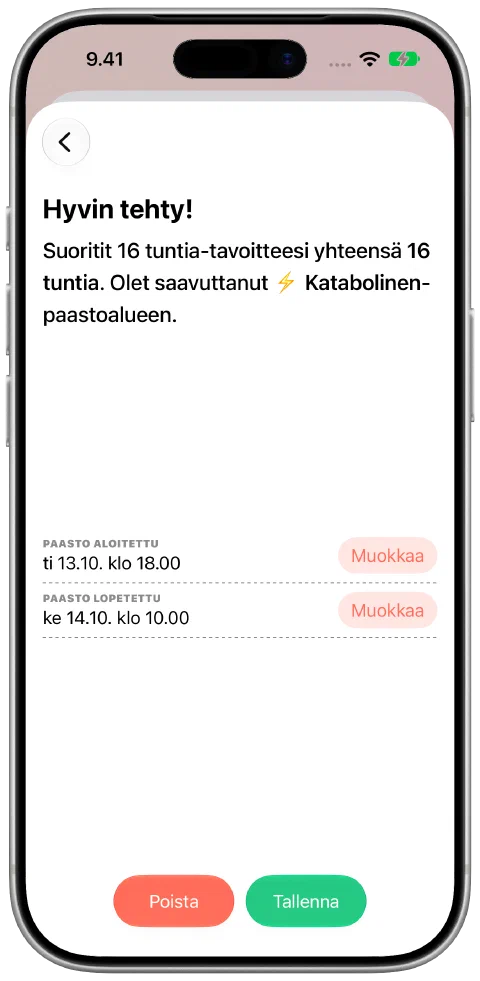 Kirjattu paasto, jonka aloitus- ja lopetusaikoja voi muokata, sekä tallennuspainike.