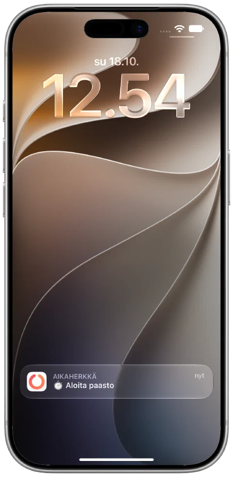 Oikeasti toimitettu Fasty-ilmoitus iPhonen lukitulla näytöllä muistuttaa paaston aloittamisesta.