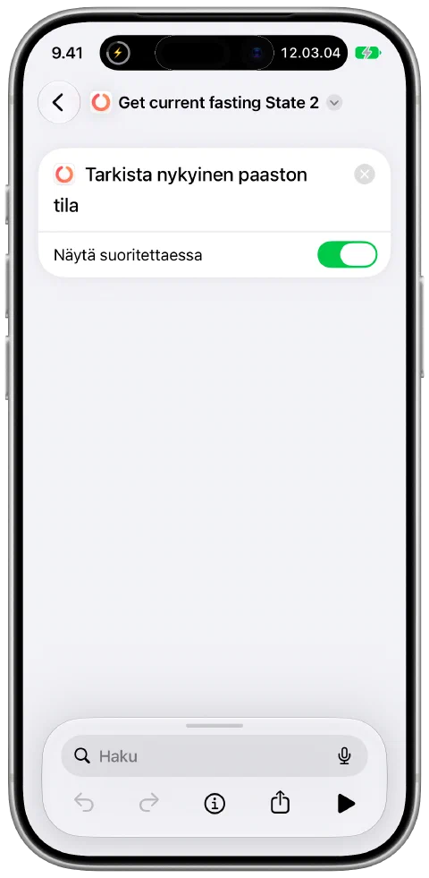 Pikakomento Applen Pikakomennot-apissa. Se käyttää Fastyn toimintoa paaston nykyisen tilan hakemiseen.