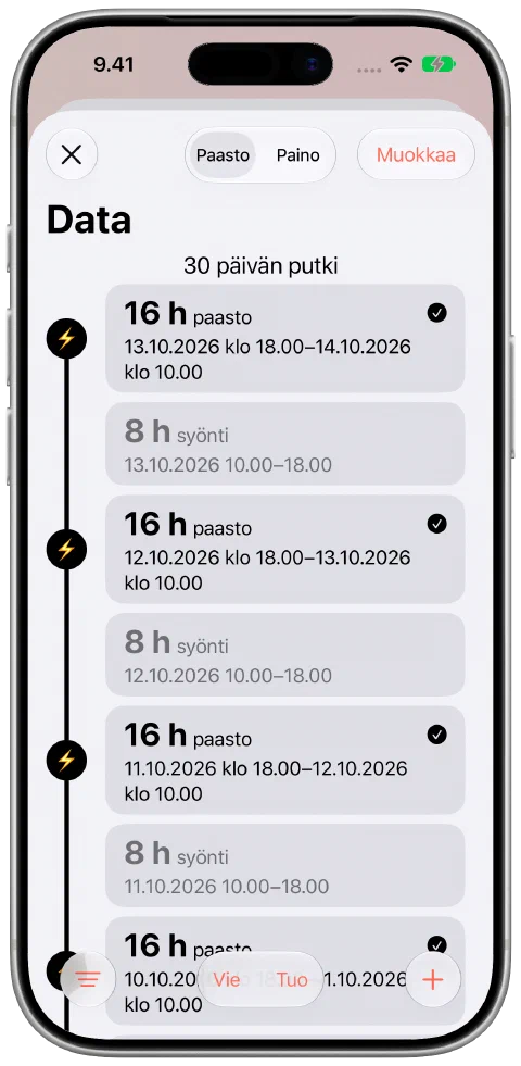 Fastyn jatkuva paasto- ja syömisikkunoiden aikajana, jonka otsikossa näkyy 30 päivän putki.