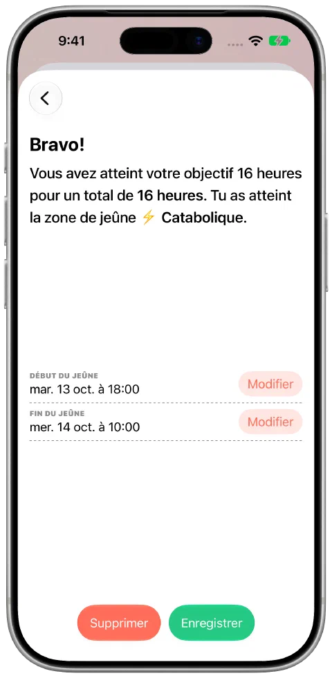 Un jeûne enregistré avec des heures de début et de fin modifiables et un bouton d’enregistrement.