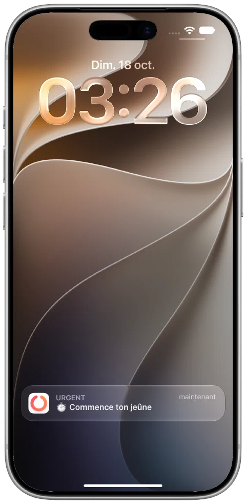 Une véritable notification Fasty reçue sur l’écran verrouillé de l’iPhone pour rappeler de commencer le jeûne.
