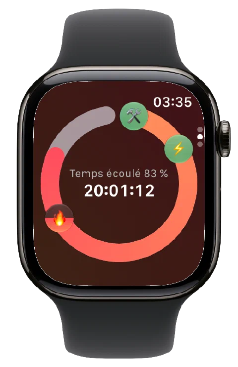 Les icônes des zones de jeûne estimées et le minuteur actif de Fasty sur Apple Watch.