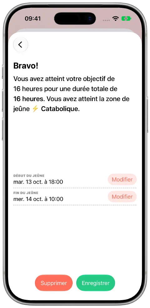 Un jeûne enregistré avec des heures de début et de fin modifiables et un bouton d’enregistrement.