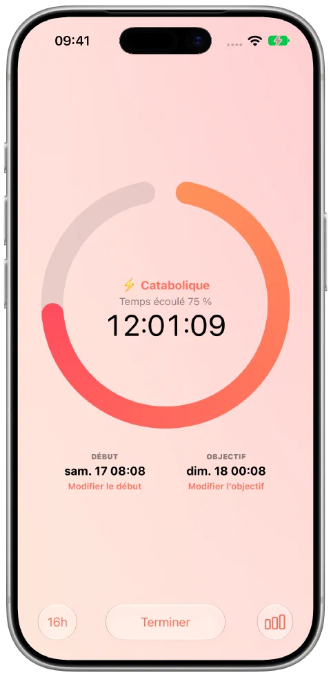 Le minuteur de jeûne actif de Fasty avec le temps écoulé, la progression vers l’objectif, l’heure de début et les commandes de l’objectif.