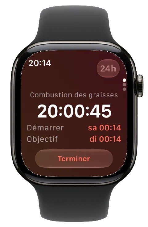 Fasty sur Apple Watch avec le minuteur actif, les horaires de début et d’objectif et le bouton de fin du jeûne.
