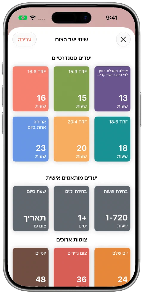 בורר היעד של Fasty עם משכים מוכנים, שעות וימים בהתאמה אישית ואפשרות לשעת סיום.