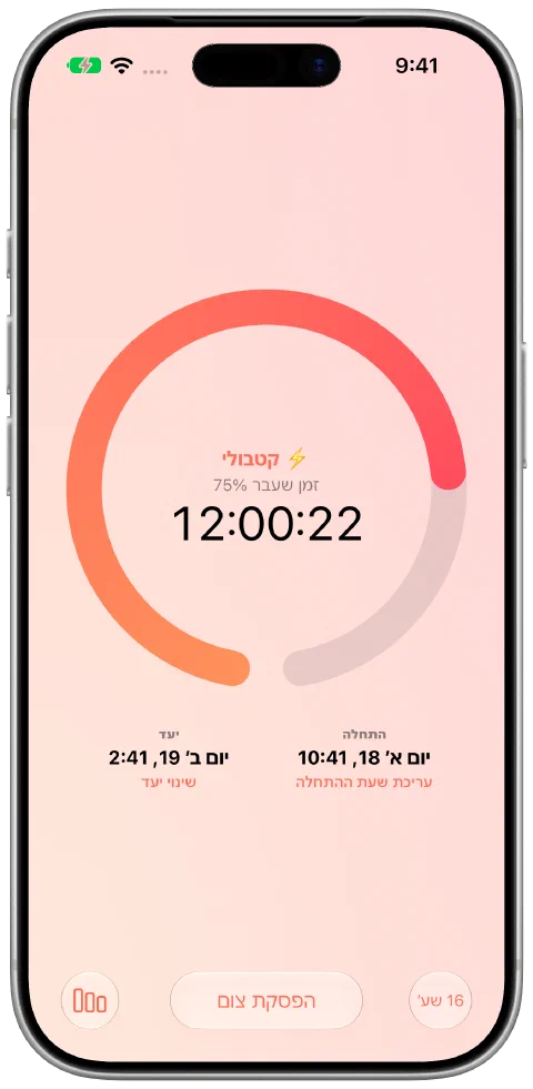 טיימר הצום הפעיל של Fasty עם הזמן שחלף, התקדמות ליעד, שעת התחלה ופקדי יעד.