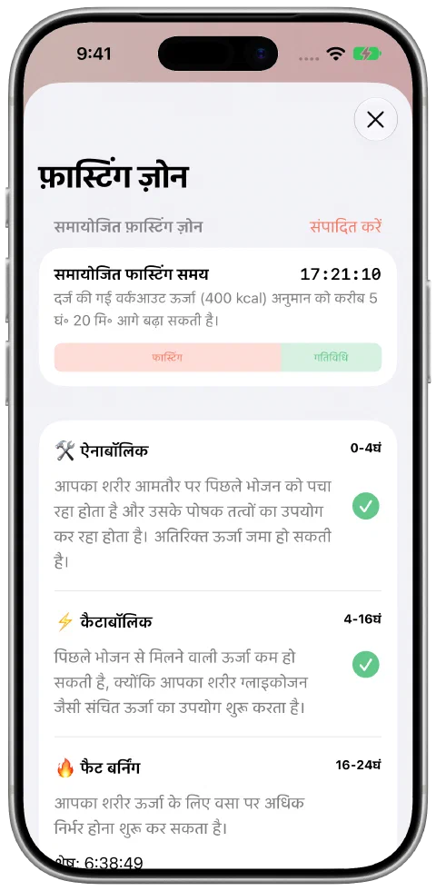Fasty का एडजस्टेड फ़ास्टिंग समय पैनल, फ़ास्टिंग और वर्कआउट का योगदान तथा मौजूदा ज़ोन की प्रगति दिखाता है।