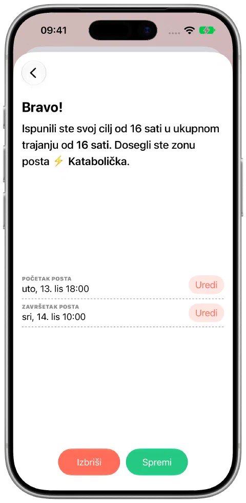 Zabilježeni post s vremenima početka i završetka koja se mogu urediti te tipkom za spremanje.
