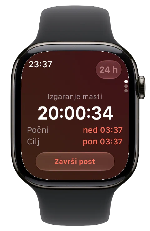 Fasty na Apple Watchu s aktivnim mjeračem vremena, vremenima početka i cilja te tipkom za završetak posta.
