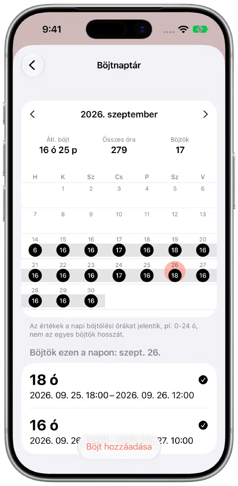 A Fasty szeptemberi naptára bejegyzésekkel, egy kiválasztott nappal és az ahhoz rögzített 18 órás böjttel.