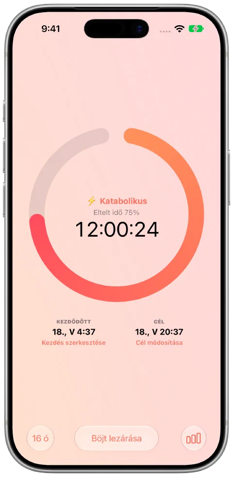 A Fasty aktív böjtidőzítője az eltelt idővel, a cél felé haladással, a kezdési idővel és a cél vezérlőivel.
