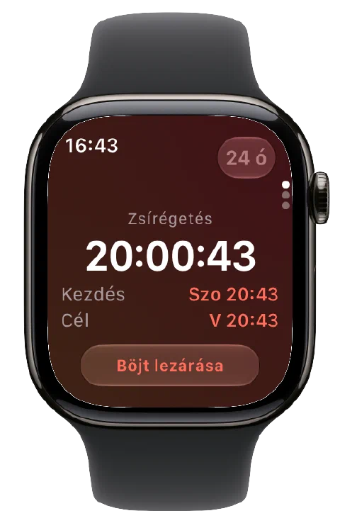 Fasty Apple Watchon aktív időzítővel, kezdési és célidőponttal, valamint a böjt befejezésére szolgáló gombbal.