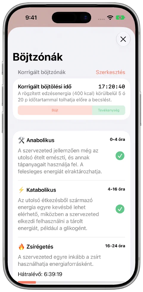 A Fasty módosított böjtidőpanelje, egymás mellett a böjt és az edzés hozzájárulásával, valamint az aktuális zónán belüli haladással.