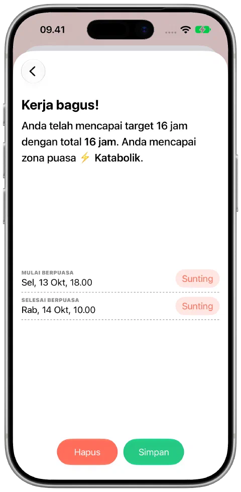 Catatan puasa dengan waktu mulai dan selesai yang dapat diedit serta tombol Simpan.