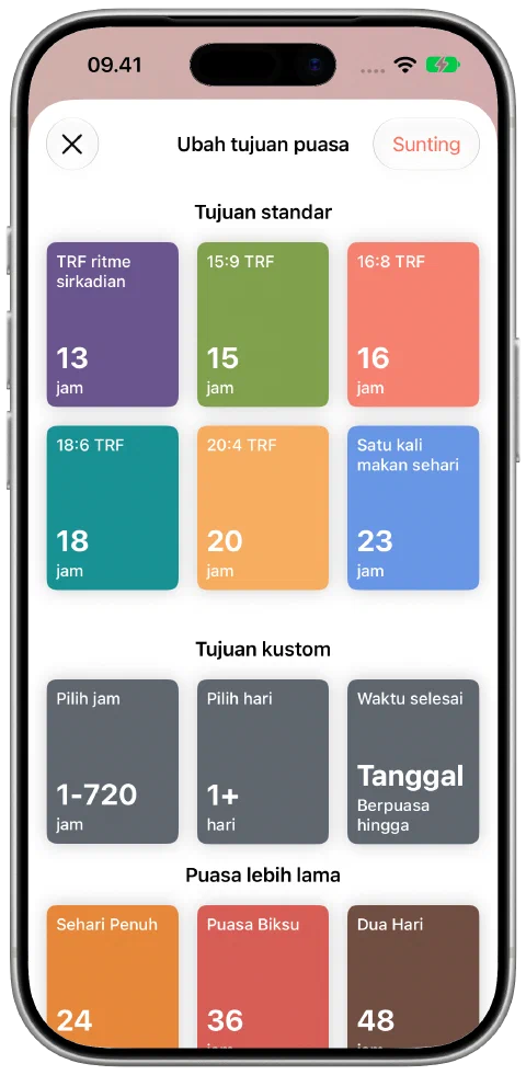 Pemilih target Fasty dengan durasi standar, jam dan hari khusus, serta pilihan waktu selesai.