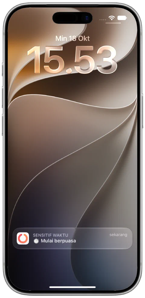 Pemberitahuan Fasty yang benar-benar diterima di Layar Terkunci iPhone untuk mulai puasa.