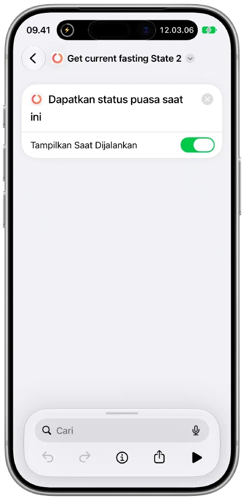 Pintasan di app Pintasan Apple menggunakan tindakan Fasty “Dapatkan status puasa saat ini”.